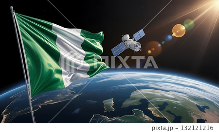Nigeria flag waving in space with satellite orbiting earth symbolizing national progress and technological advancement 132121216