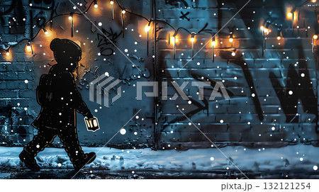 雪の中を歩く子供と街の風景 雪の中を歩く子供と街の風景 132121254