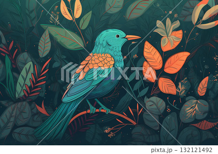 Exotic, tropical bird and rainforest colorful illustration. Generative AI Exotic, tropical bird and rainforest colorful illustration. Generative AI 132121492