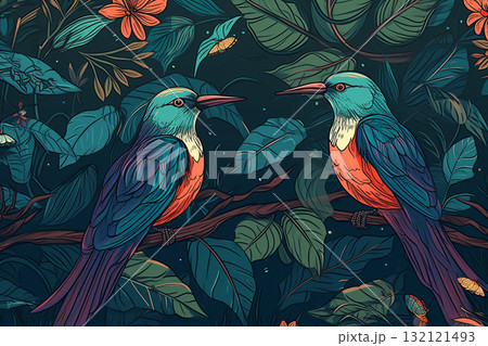 Exotic, tropical birds and rainforest colorful illustration. Generative AI 132121493