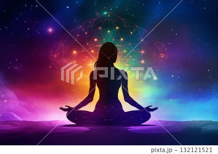 Transcendental chakras space meditation human silhouette. Generative AI 132121521