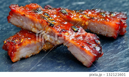 Delicious Char Siu Pork Close Up On Dark Surface. 132121601