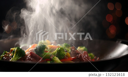 Steaming Stir Fry with Fresh Vegetables and Savory Meat. 132121618