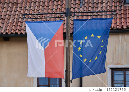 Czech Republic and EU Flags Displayed Together Czech Republic and EU Flags Displayed Together 132121756