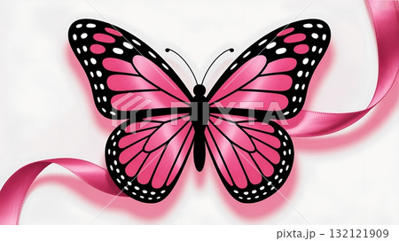 Pink butterfly with ribbon symbol of breast cancer awareness isolated on white background Pink butterfly with ribbon symbol of breast cancer awareness isolated on white background 132121909