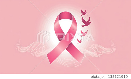 Pink ribbon with flying birds symbol of breast cancer awareness and hope 132121910