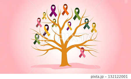 Tree of life with colorful awareness ribbons representing different causes and hope Tree of life with colorful awareness ribbons representing different causes and hope 132122001