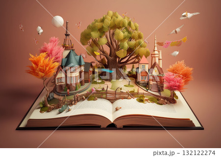 Illustration of magical book with fantasy stories. Generative AI 132122274