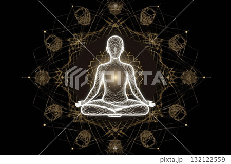 Transcendental chakras space meditation human silhouette. Generative AI 132122559