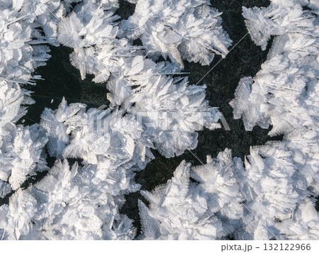 Frost patterns create intricate designs on the dark surface of a frozen lake during winter Frost patterns create intricate designs on the dark surface of a frozen lake during winter 132122966