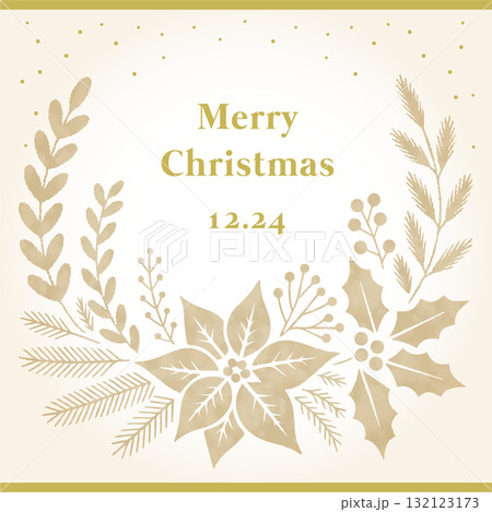 上品で高級感のあるクリスマスカードデザイン｜ゴールドの植物シルエットフレーム 132123173