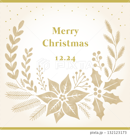 上品で高級感のあるクリスマスカードデザイン｜ゴールドの植物シルエットフレーム 132123173