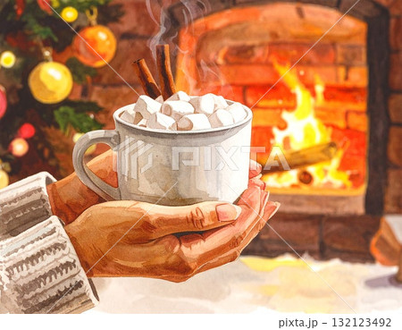 雪の日に飲みたくなる、マシュマロたっぷりのホットチョコレート水彩画 132123492