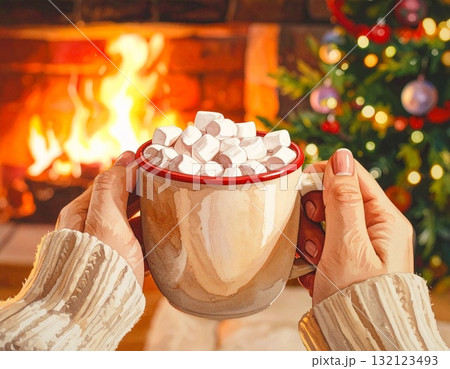 雪の日に飲みたくなる、マシュマロたっぷりのホットチョコレート水彩画 132123493