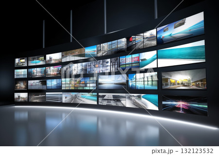 Smart TV and digital media wall of screens background. Generative AI 132123532