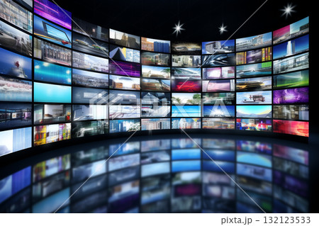 Smart TV and digital media wall of screens background. Generative AI Smart TV and digital media wall of screens background. Generative AI 132123533