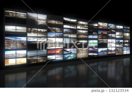 Smart TV and digital media wall of screens background. Generative AI Smart TV and digital media wall of screens background. Generative AI 132123534