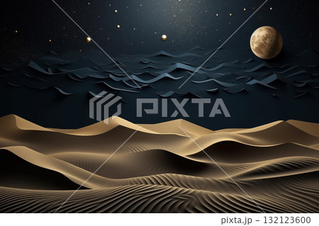 Golden sand dunes and moon abstract landscape background. Generative AI 132123600