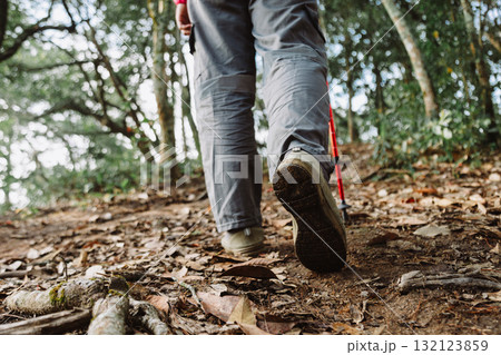 Close up of hiker walking uphill in forest with trekking pole, symbol of adventure, determination, outdoor lifestyle, hiking activity, travel journey and exploration in nature trail. 132123859