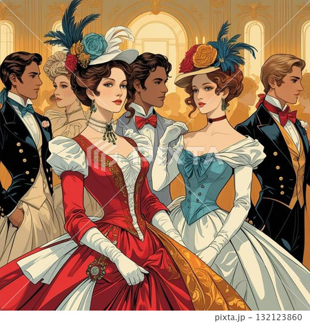 紳士淑女　ドレスを着た女性達 132123860