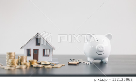 Mini house model with coins, keys and white piggy bank, representing mortgage loan, real estate investment, property finance, savings, insurance, wealth management and housing economy concept. Mini house model with coins, keys and white piggy bank, representing mortgage loan, real estate investment, property finance, savings, insurance, wealth management and housing economy concept. 132123968