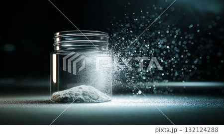 White powder dispersing from a transparent jar in dramatic light on dark background, symbolizing science or innovation 132124288