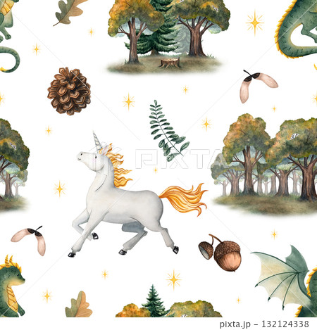 Seamless watercolor pattern with unicorn, forest trees, dragon, acorns, pine cones and branches. Perfect for children books, fabrics, wallpapers, wrapping paper, posters, invitations and decor 132124338