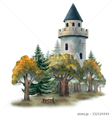 Watercolor illustration of a medieval stone tower among forest trees. Perfect for children books, fairy tales, posters, cards, invitations, scrapbooking, wallpapers, fabrics, games and decor Watercolor illustration of a medieval stone tower among forest trees. Perfect for children books, fairy tales, posters, cards, invitations, scrapbooking, wallpapers, fabrics, games and decor 132124343