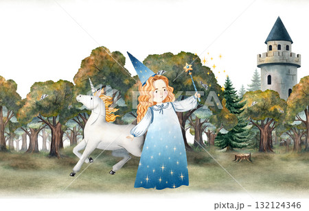Seamless watercolor border with sorceress, unicorn and tower among forest trees. Perfect for children books, fairy tales, posters, cards, invitations, fabrics, wallpapers and decor 132124346