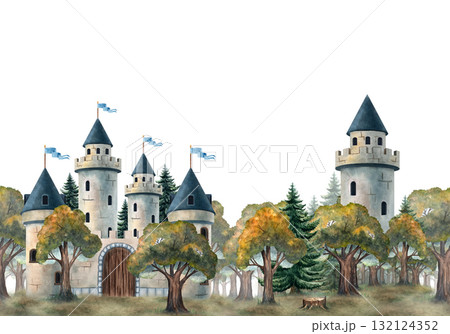 Seamless watercolor border with medieval castle, forest trees and tower. Perfect for children books, fairy tales, posters, cards, invitations, scrapbooking, fabrics, wallpapers and decor Seamless watercolor border with medieval castle, forest trees and tower. Perfect for children books, fairy tales, posters, cards, invitations, scrapbooking, fabrics, wallpapers and decor 132124352