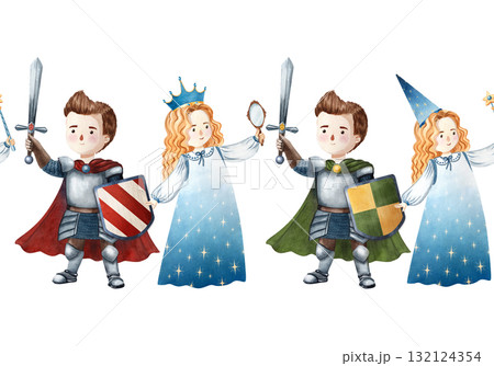 Seamless watercolor border with princess, sorceress and knights in armor. Perfect for children books, fairy tales, posters, cards, invitations, scrapbooking, fabrics, wallpapers and decor 132124354