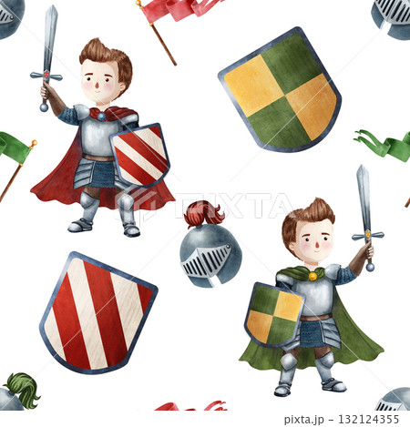 Seamless watercolor pattern with knights, shields, helmets and banners. Perfect for children books, fabrics, wallpapers, wrapping, posters, invitations, scrapbooking, decor and games 132124355