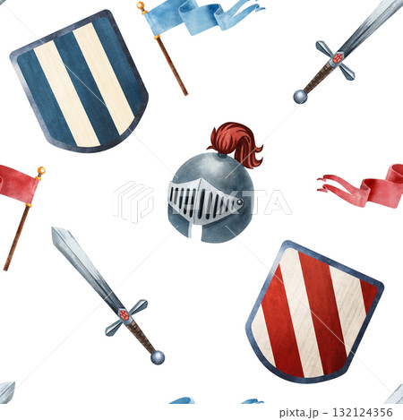 Seamless watercolor pattern with medieval sword, shield, banner and helmet. Perfect for children books, fabrics, wallpapers, wrapping, posters, invitations, scrapbooking, decor and games 132124356
