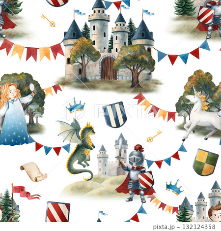 Seamless watercolor pattern with castle, knight and dragon, sorceress and unicorn, flags, shields, scroll, key and crown. Perfect for children books, fabrics, wallpapers, wrapping, decor and games 132124358