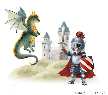 Watercolor illustration of a knight facing a dragon near medieval castle. Perfect for children books, fairy tales, posters, cards, invitations, scrapbooking, decor and games. 132124373