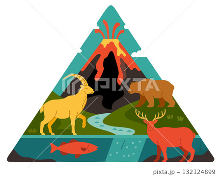 National park emblem with erupting volcano river and wildlife in stylized flat design within teal triangle 132124899