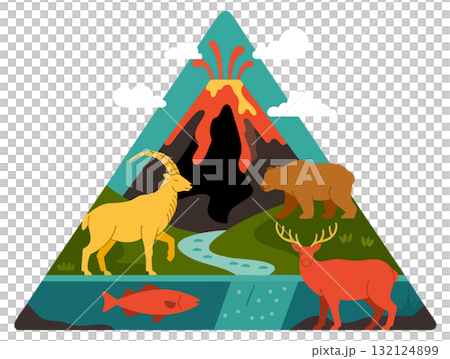 National park emblem with erupting volcano river and wildlife in stylized flat design within teal triangle 132124899
