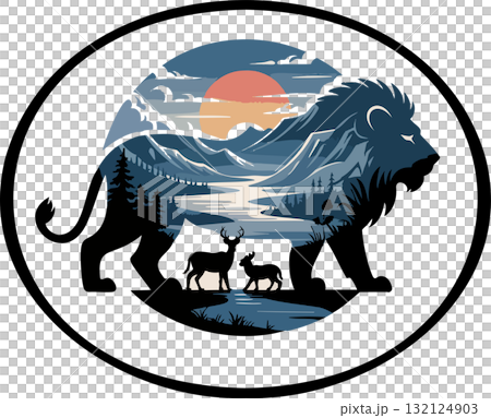 Majestic lion silhouette filled with mountain sunset river and forest wildlife in circular emblem of natural strength 132124903