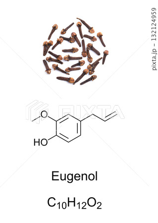 Dried cloves, and eugenol, chemical formula and molecular structure. Aromatic oily liquid, main component of essential clove bud oil. Used in perfumes, flavorings and local antiseptic and anesthetic. 132124959