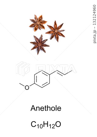 Star anise fruits, and anethole, chemical formula and molecular structure. Trans-anethole, also anise camphor, an aromatic compound and flavoring substance. Occurs naturally in star anise, anise, etc. Star anise fruits, and anethole, chemical formula and molecular structure. Trans-anethole, also anise camphor, an aromatic compound and flavoring substance. Occurs naturally in star anise, anise, etc. 132124960