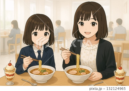 レストランで中華そばを食べる姉妹 132124965