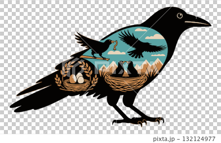Stylized crow silhouette filled with birds in flight and two nests showing life cycle and quiet contemplation 132124977