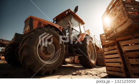 Large red tractor parked beside wooden crates filled with harvested produce under bright sunlight 132125050
