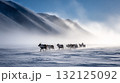 Nomadic herders moving reindeer across frozen tundra, thick fog and cold wind swirling in permafrost valley. Life in permafrost conditions, climate change problems on the planet. Global warming 132125092