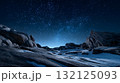 Night scene with stars over snow dunes and frosted rocks. Life in permafrost conditions, climate change problems on the planet. Global warming 132125093