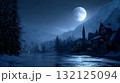 Moonlight casting icy blue over quiet frozen village. Life in permafrost conditions, climate change problems on the planet. Global warming 132125094