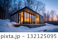 Minimalist cabin covered in snow with warm light inside. Life in permafrost conditions, climate change problems on the planet. Global warming 132125095