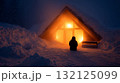 Inside a thermal shelter glowing warmly amid snowstorm. Life in permafrost conditions, climate change problems on the planet. Global warming 132125099