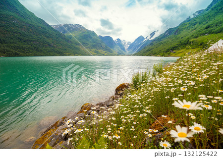 View of the glacier Oldevatnet Lake on a cloudy day. Beautiful wilderness of Norway 132125422