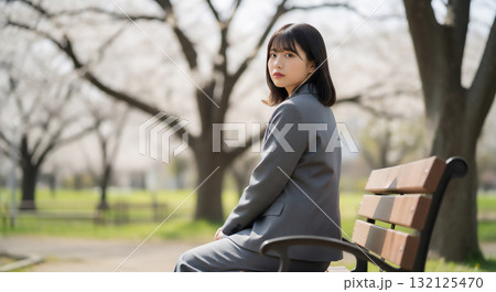 新緑の並木道で前向きに歩くスーツ姿の女性 132125470